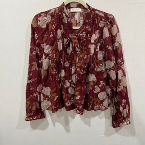 Doe and Rae Burgundy Floral Tie Neck Pleated Blouse Small  Boho Long Sleeve